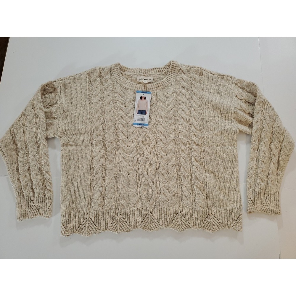 Lucky Brand Mens Beige Brown Crew Neck Sweater Chunky Cable-Knit Size Large NWT